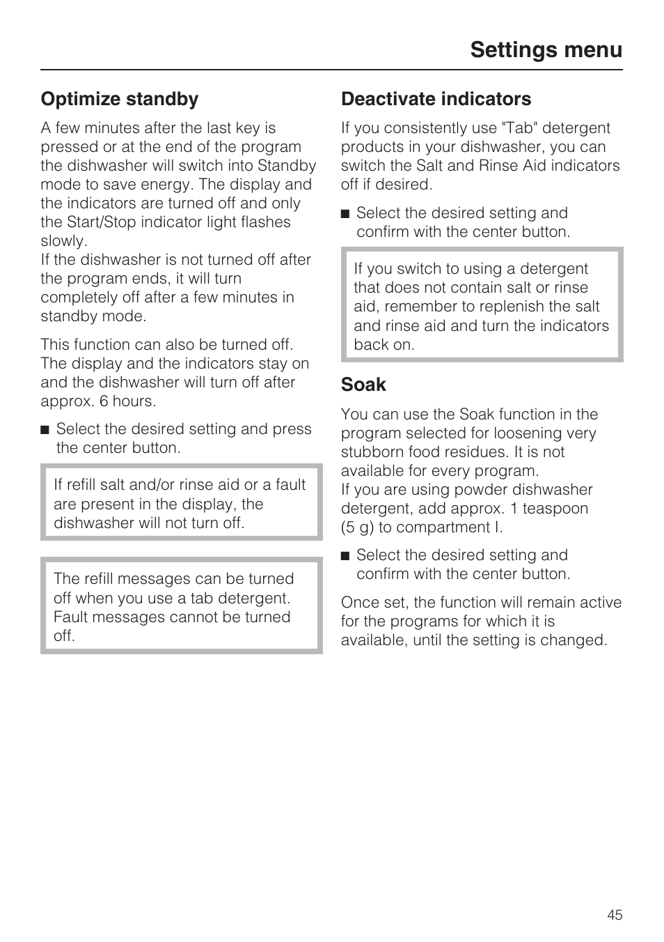 Settings menu, Optimize standby, Deactivate indicators | Soak | Miele G 5810 User Manual | Page 45 / 72