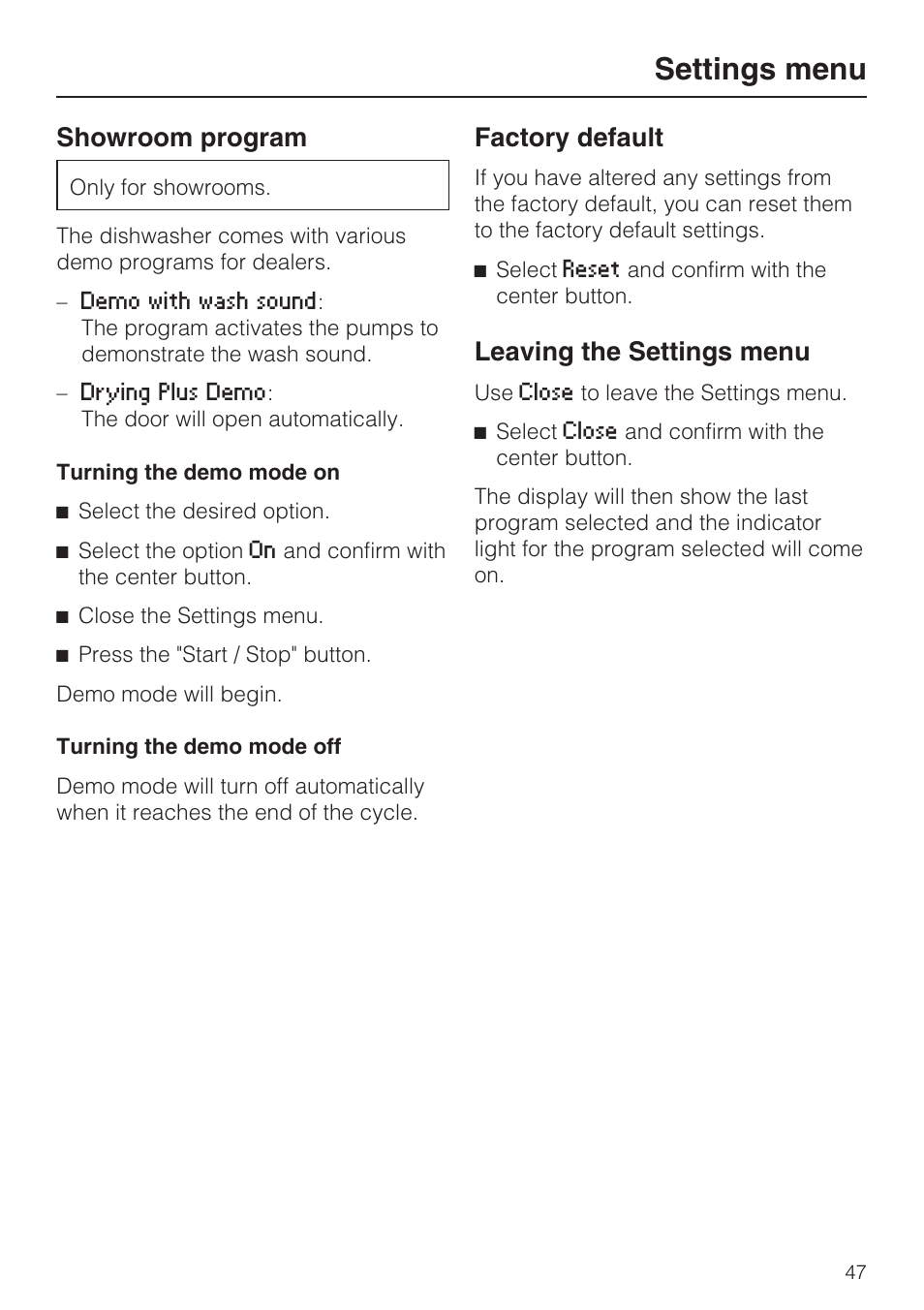 Factory default 47, Leaving the settings menu 47, Settings menu | Showroom program, Factory default, Leaving the settings menu | Miele G 5810 User Manual | Page 47 / 72