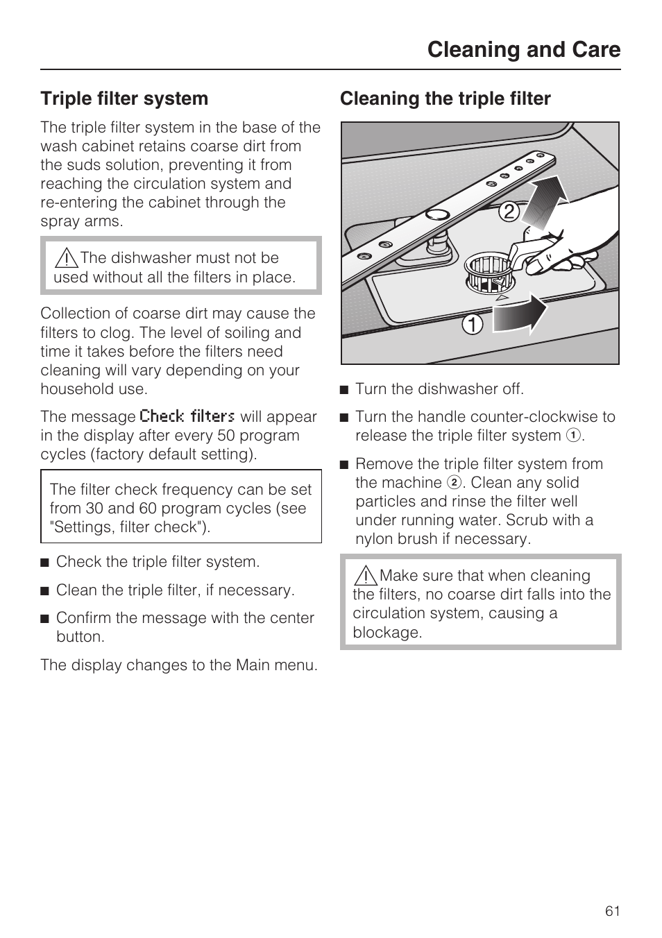 Triple filter system 61, Cleaning and care, Triple filter system | Cleaning the triple filter | Miele G 5810 User Manual | Page 61 / 72