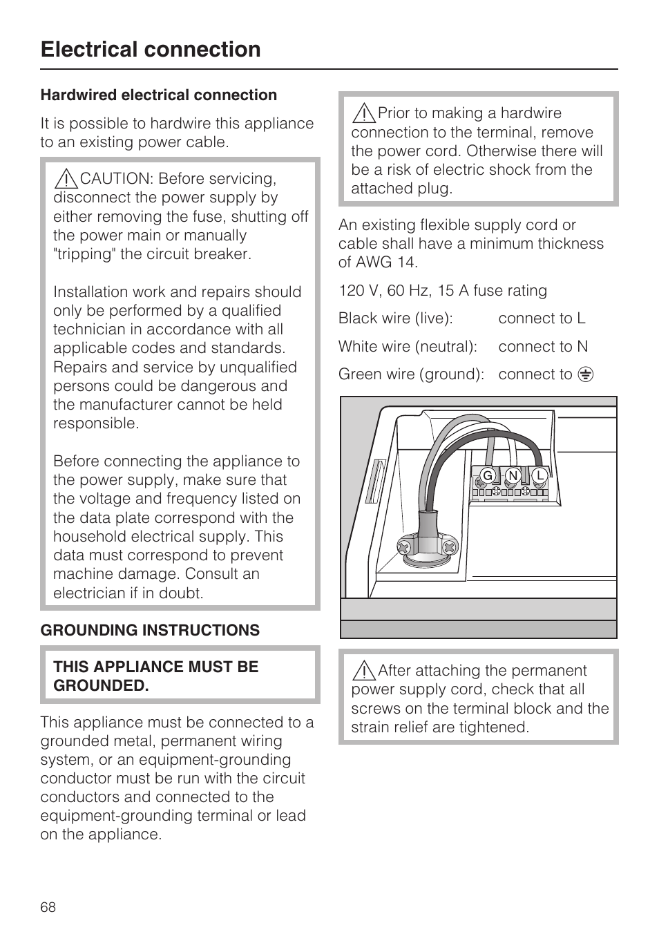 Electrical connection | Miele G 5810 User Manual | Page 68 / 72