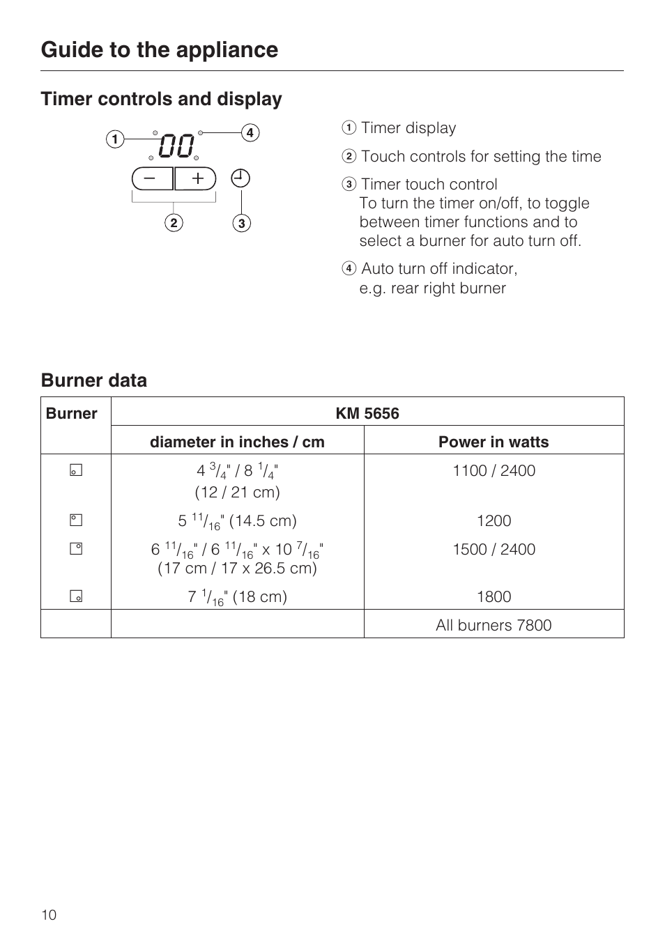 Timer controls and display 10, Guide to the appliance, Timer controls and display burner data | Miele KM5656 User Manual | Page 10 / 44