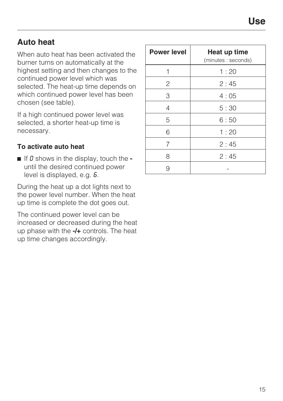 Auto heat 15, Auto heat | Miele KM5656 User Manual | Page 15 / 44