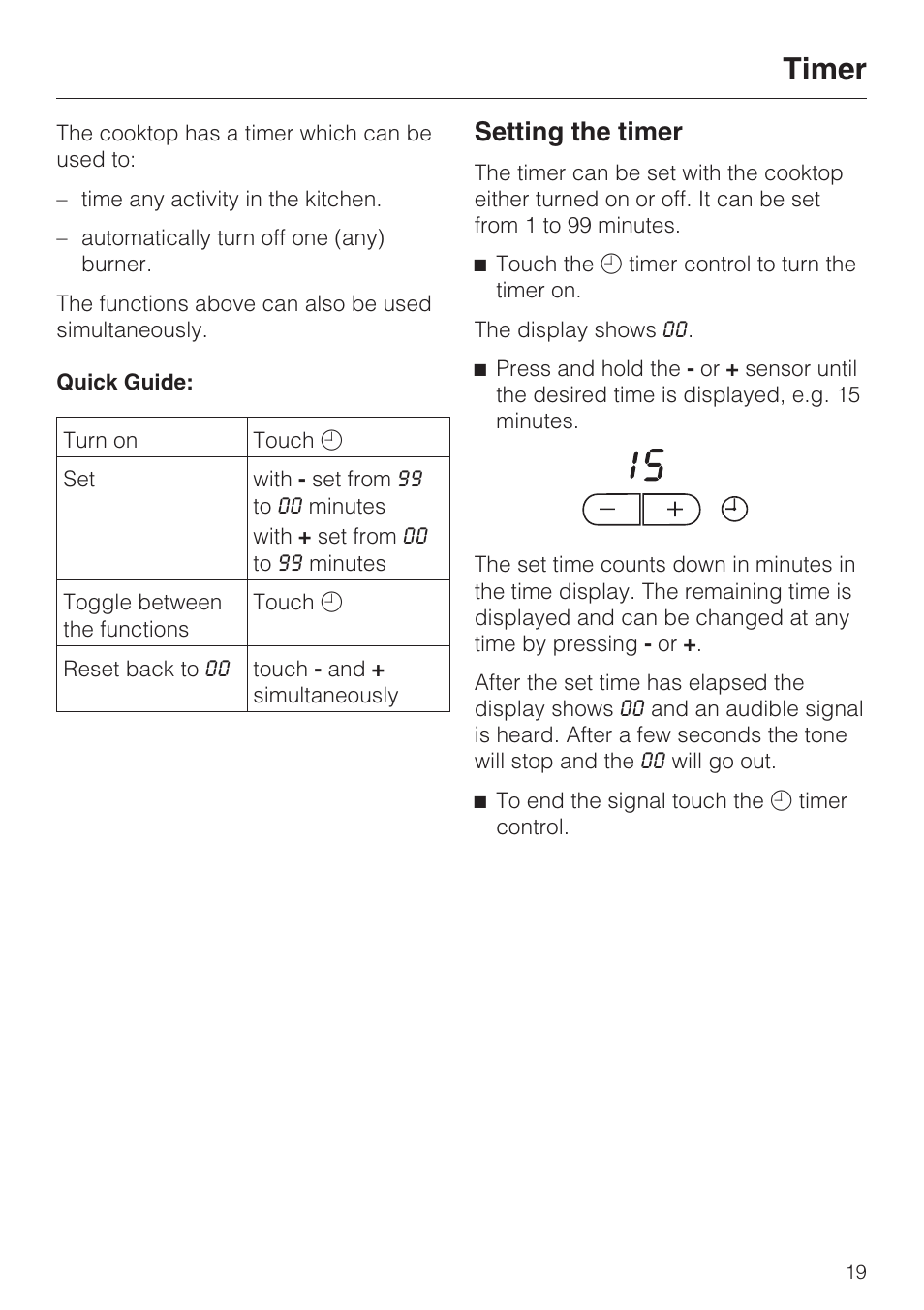 Timer 19, Setting the timer 19, Timer | Setting the timer | Miele KM5656 User Manual | Page 19 / 44