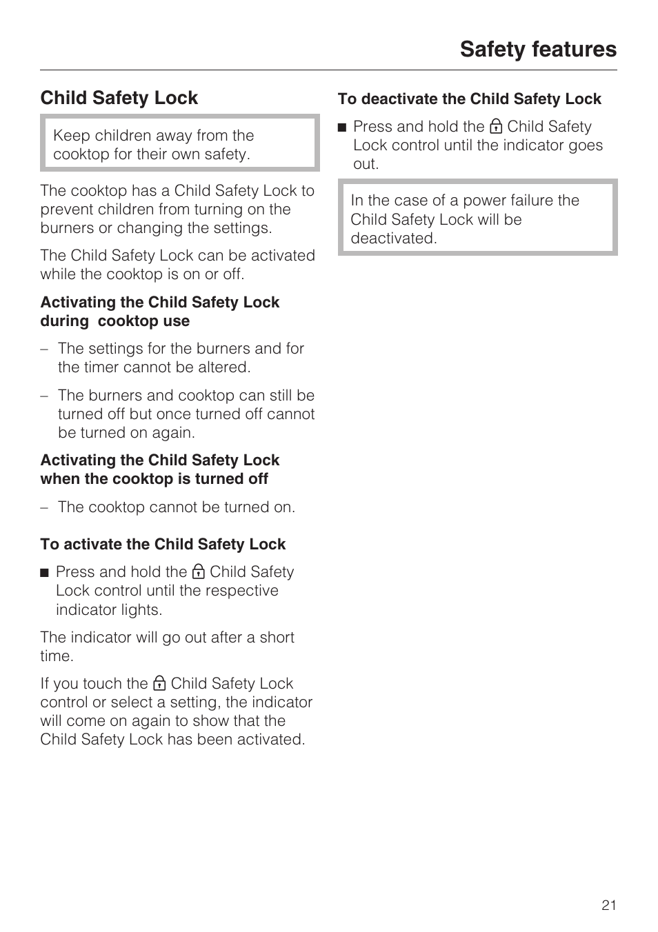 Safety features 21, Child safety lock 21, Safety features | Child safety lock | Miele KM5656 User Manual | Page 21 / 44
