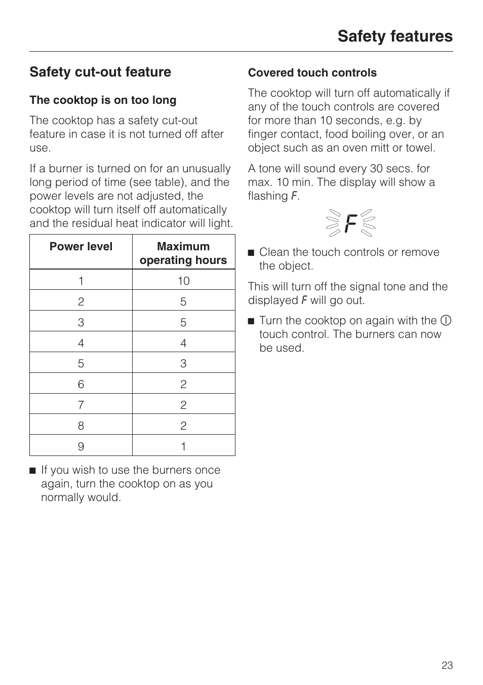 Safety cut-out feature 23, Safety features, Safety cut-out feature | Miele KM5656 User Manual | Page 23 / 44
