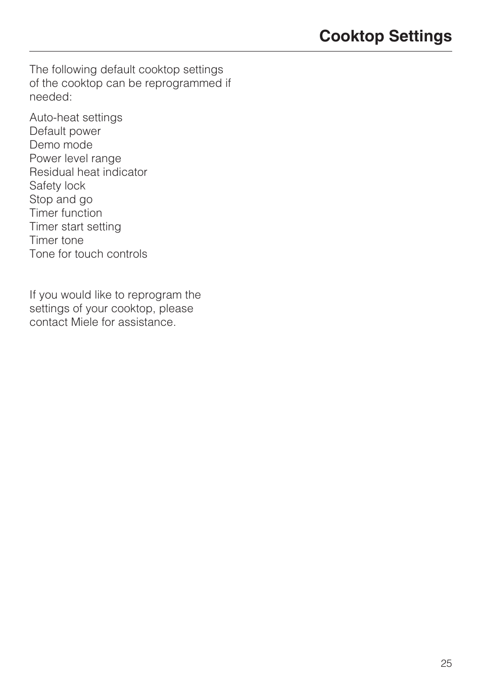Cooktop settings 25, Cooktop settings | Miele KM5656 User Manual | Page 25 / 44