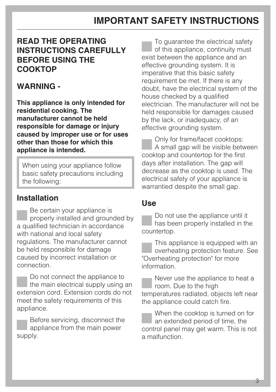 Important safety instructions 3, Important safety instructions, Installation | Miele KM5656 User Manual | Page 3 / 44