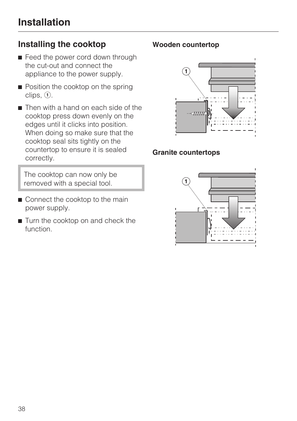 Installation, Installing the cooktop | Miele KM5656 User Manual | Page 38 / 44