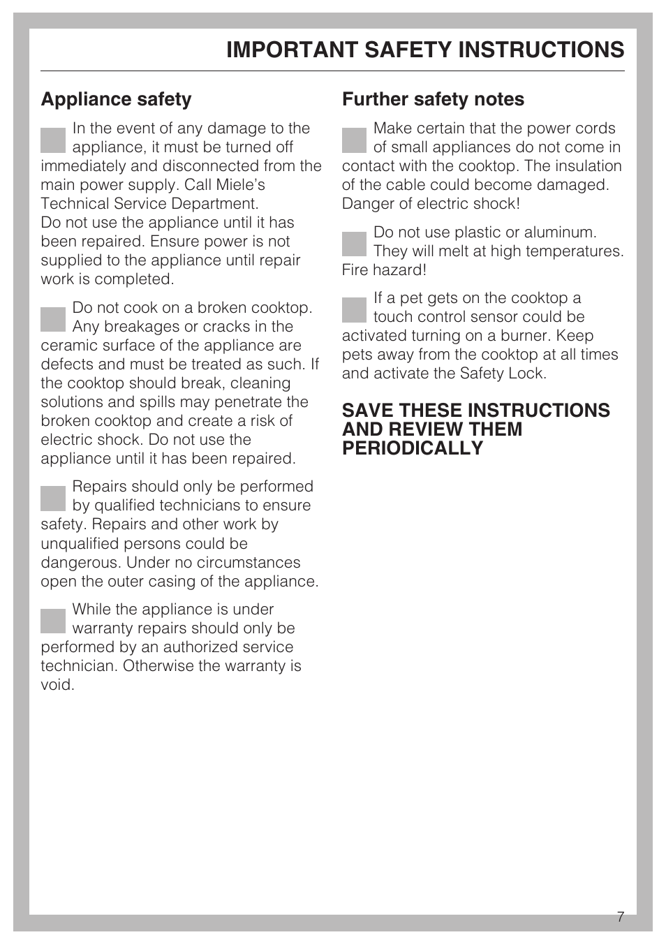 Important safety instructions, Appliance safety | Miele KM5656 User Manual | Page 7 / 44