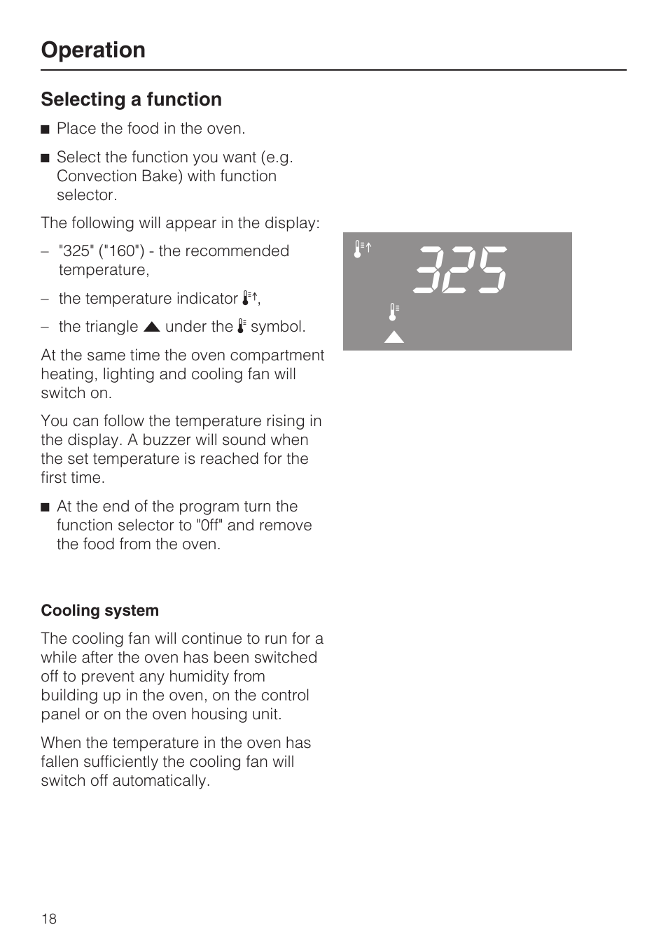 Operation 18, Selecting a function 18, Cooling system 18 | Operation | Miele H 4744 BP User Manual | Page 18 / 64