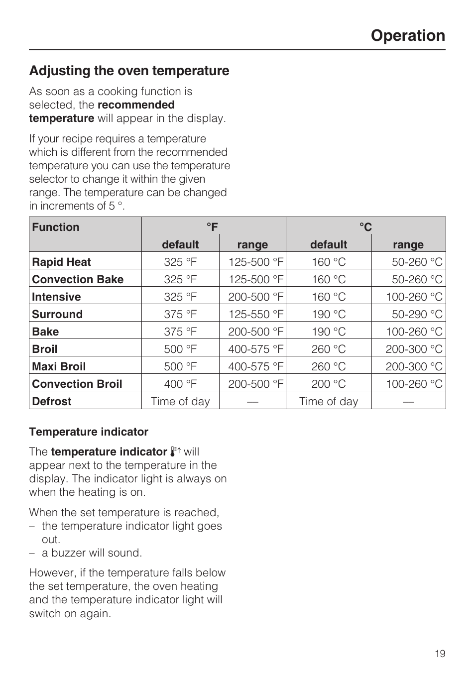 Adjusting the oven temperature 19, Temperature indicator 19, Operation | Adjusting the oven temperature | Miele H 4744 BP User Manual | Page 19 / 64