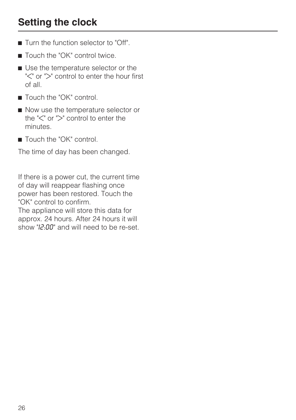 Setting the clock 26, Setting the clock | Miele H 4744 BP User Manual | Page 26 / 64