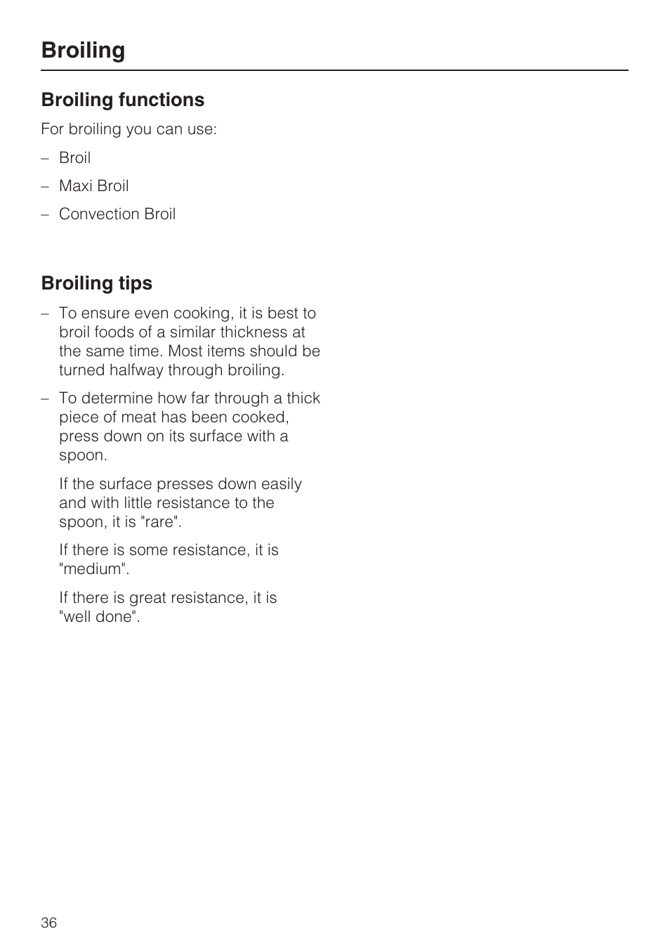 Broiling 36, Broiling functions 36, Broiling tips 36 | Broiling, Broiling functions, Broiling tips | Miele H 4744 BP User Manual | Page 36 / 64