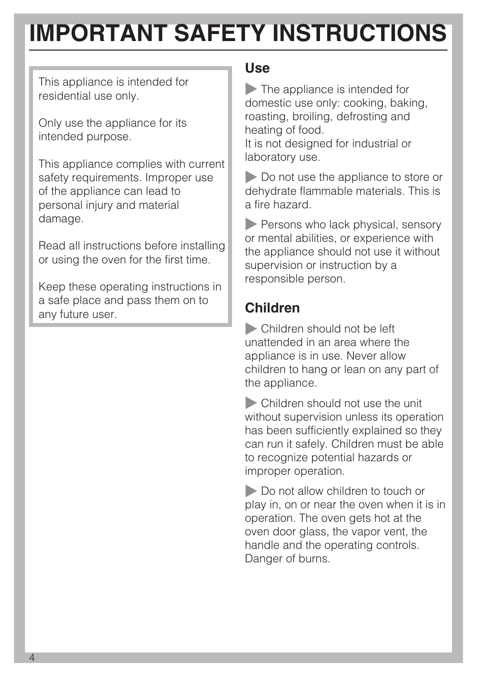 Important safety instructions 4, Important safety instructions | Miele H 4744 BP User Manual | Page 4 / 64