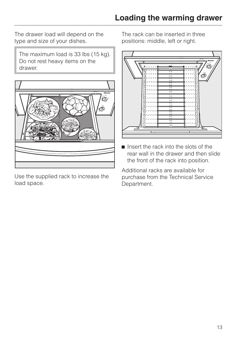 Loading the warming drawer 13, Loading the warming drawer | Miele ESW761-25 User Manual | Page 13 / 32
