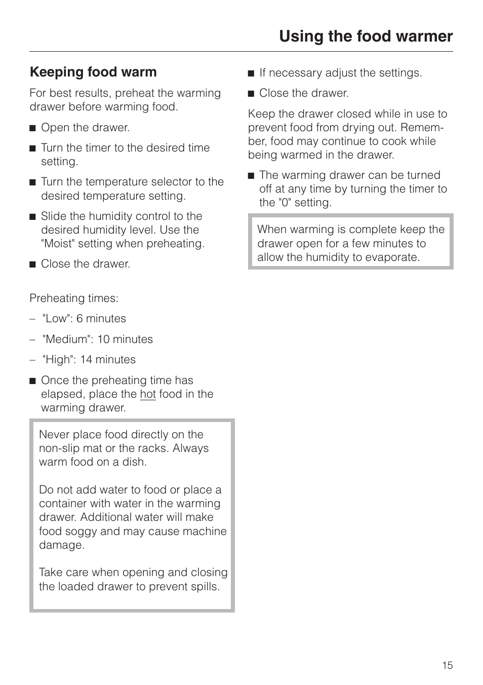 Using the food warmer 15, Keeping food warm 15, Using the food warmer | Keeping food warm | Miele ESW761-25 User Manual | Page 15 / 32