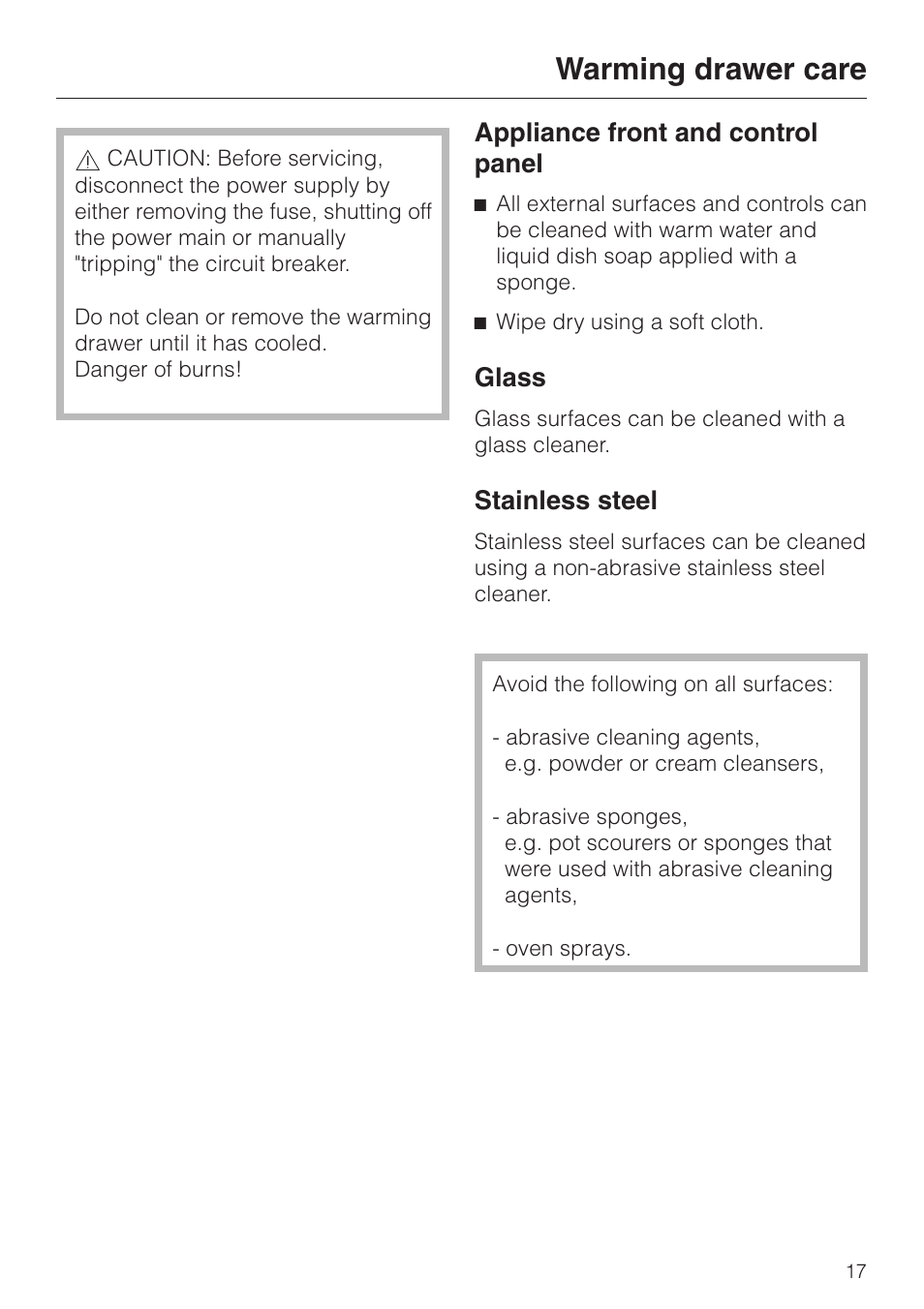 Warming drawer care 17, Appliance front and control panel 17, Glass 17 | Stainless steel 17, Warming drawer care, Appliance front and control panel, Glass, Stainless steel | Miele ESW761-25 User Manual | Page 17 / 32