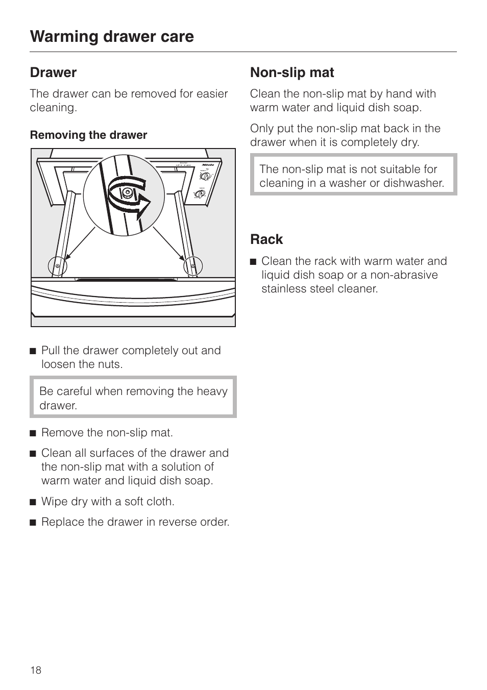 Drawer 18, Non-slip mat 18, Rack 18 | Drawer non-slip mat rack, Warming drawer care, Drawer, Non-slip mat, Rack | Miele ESW761-25 User Manual | Page 18 / 32