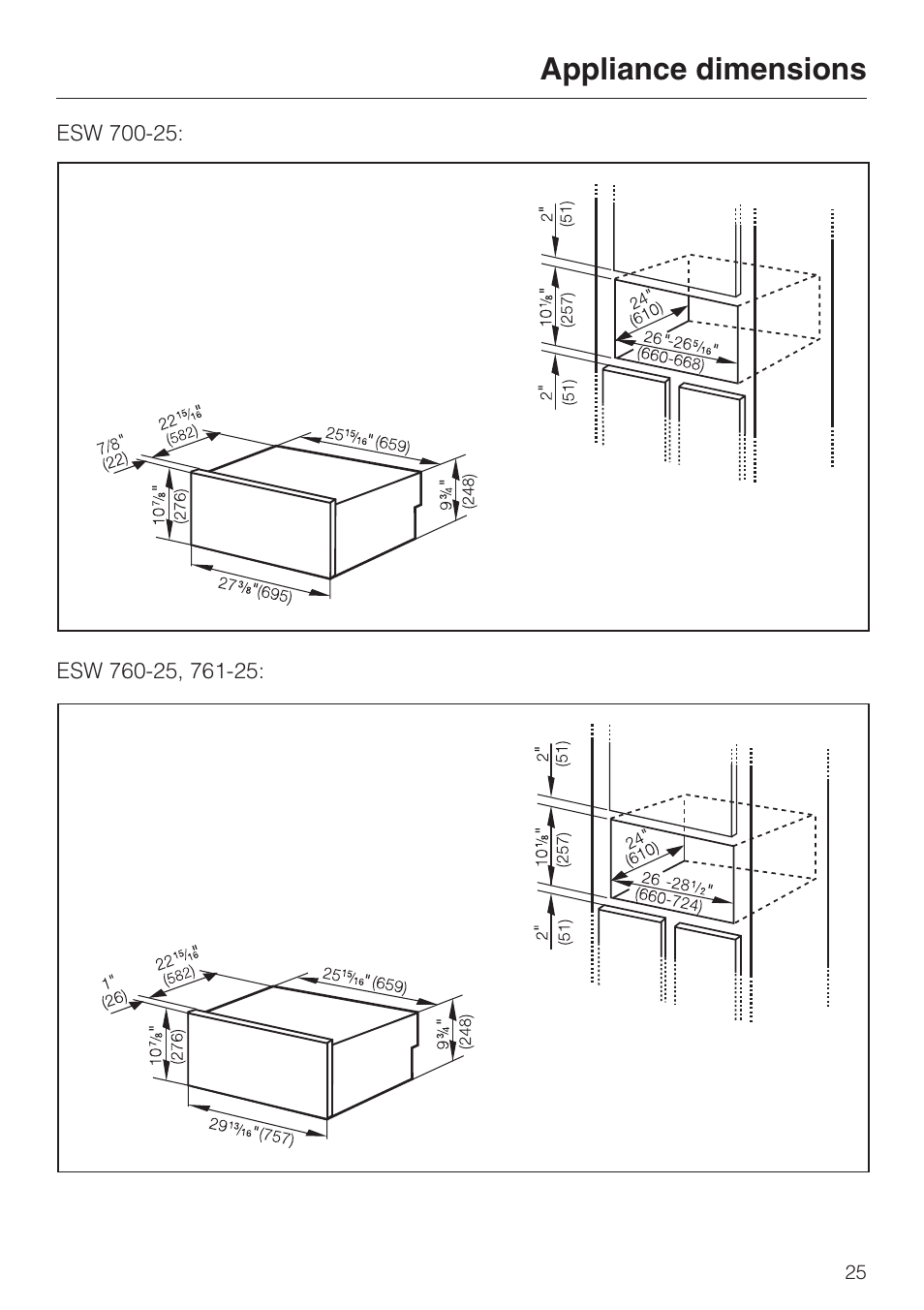 Installation 25, Installation, Appliance dimensions | Miele ESW761-25 User Manual | Page 25 / 32