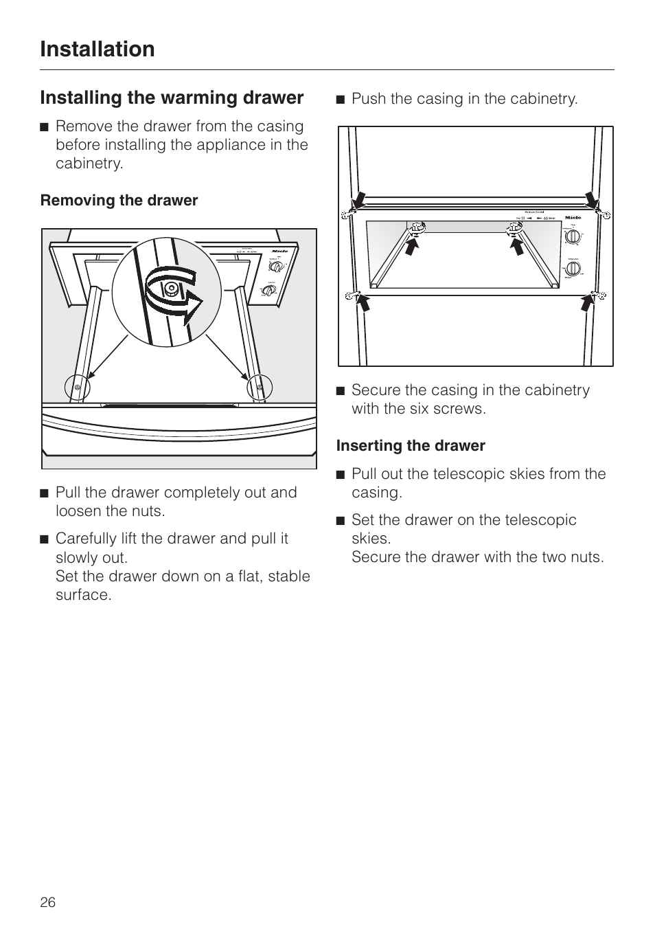 Appliance dimensions 26, Appliance dimensions, Installation | Installing the warming drawer | Miele ESW761-25 User Manual | Page 26 / 32