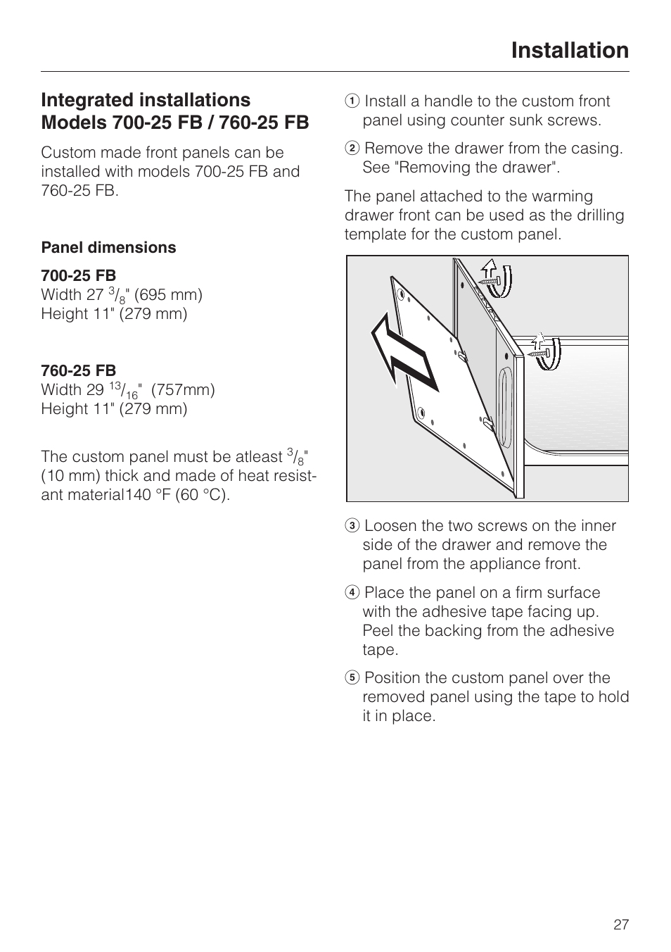 Installation 27, Installing the warming drawer 27, Removing the drawer 27 | Inserting the drawer 27, Installation, Installing the warming drawer, Removing the drawer inserting the drawer | Miele ESW761-25 User Manual | Page 27 / 32