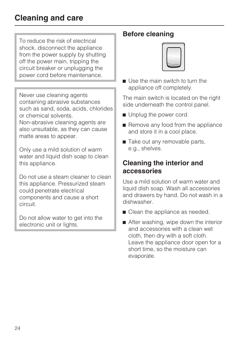 Cleaning and care 24, Cleaning the interior and accessories 24, Cleaning and care | Before cleaning, Cleaning the interior and accessories | Miele F1911VI User Manual | Page 24 / 76