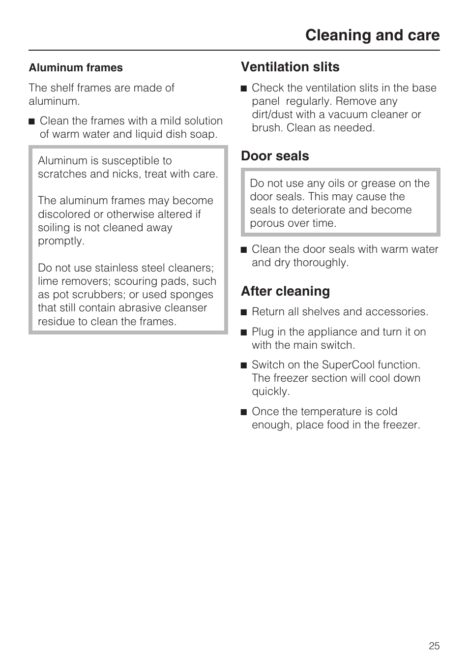 Ventilation slits 25, Door seals 25, Cleaning and care | Ventilation slits, Door seals, After cleaning | Miele F1911VI User Manual | Page 25 / 76