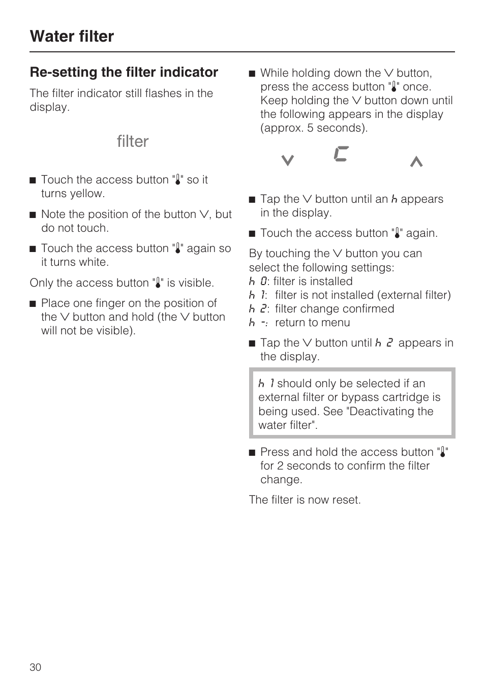 Water filter, Re-setting the filter indicator | Miele F1911VI User Manual | Page 30 / 76