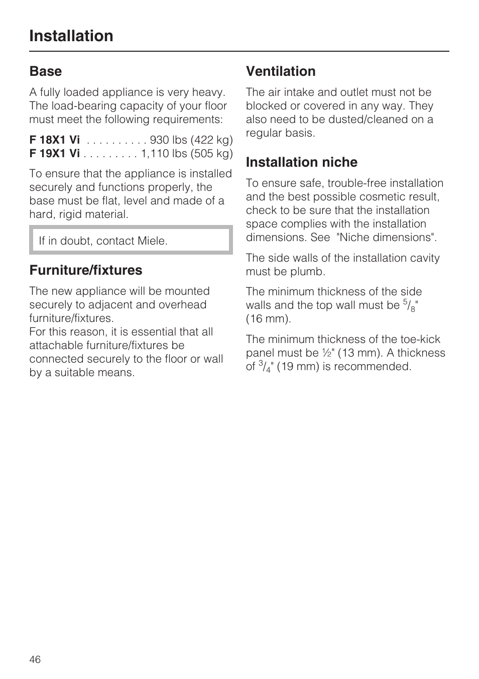 Installation, Base, Furniture/fixtures | Ventilation, Installation niche | Miele F1911VI User Manual | Page 46 / 76