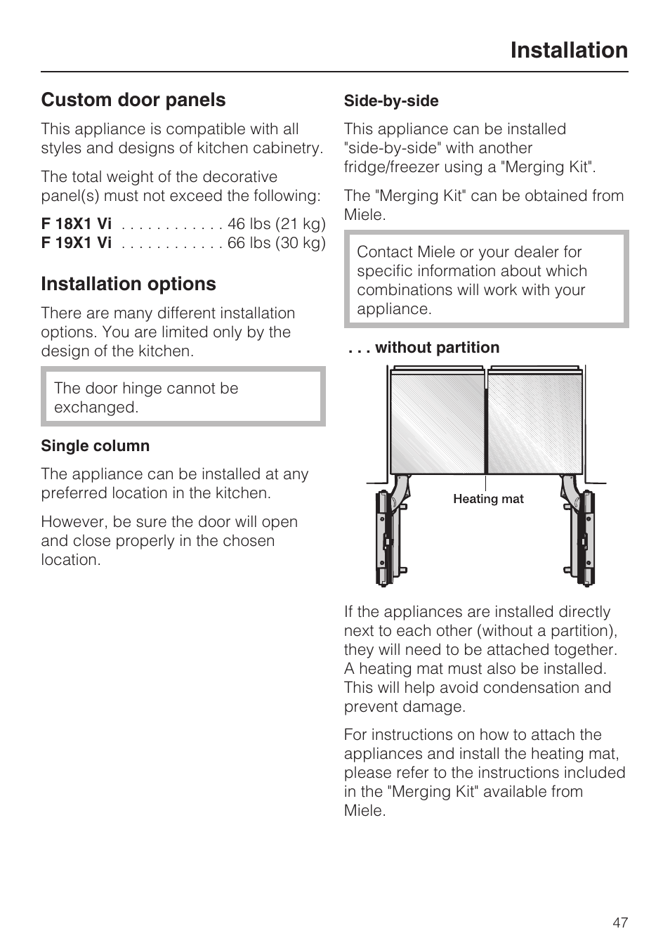 Custom door panels 47, Installation options 47, Installation | Custom door panels, Installation options | Miele F1911VI User Manual | Page 47 / 76