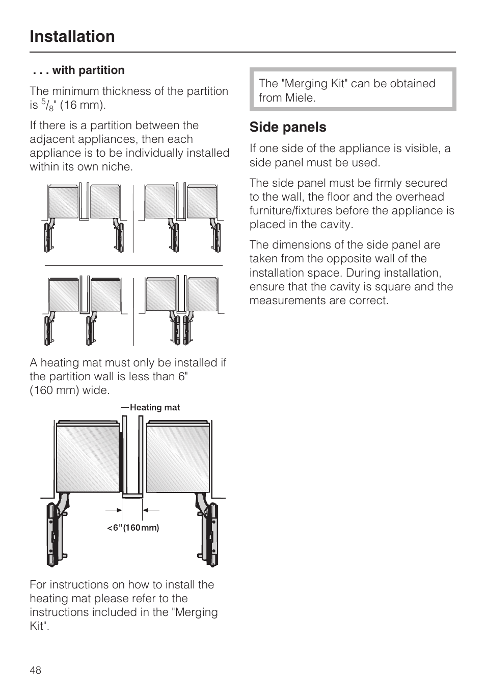 Installation, Side panels | Miele F1911VI User Manual | Page 48 / 76