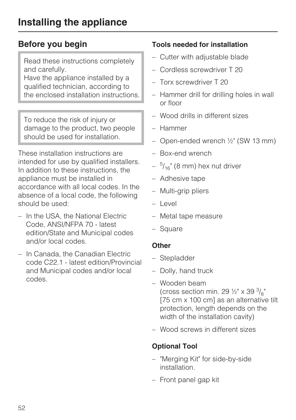 Installing the appliance 52, Before you begin 52, Installing the appliance | Before you begin | Miele F1911VI User Manual | Page 52 / 76