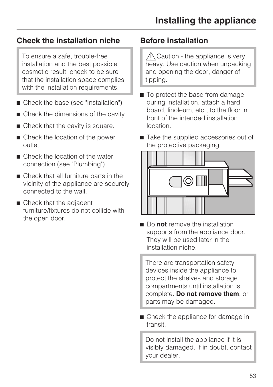 Installing the appliance, Check the installation niche, Before installation | Miele F1911VI User Manual | Page 53 / 76