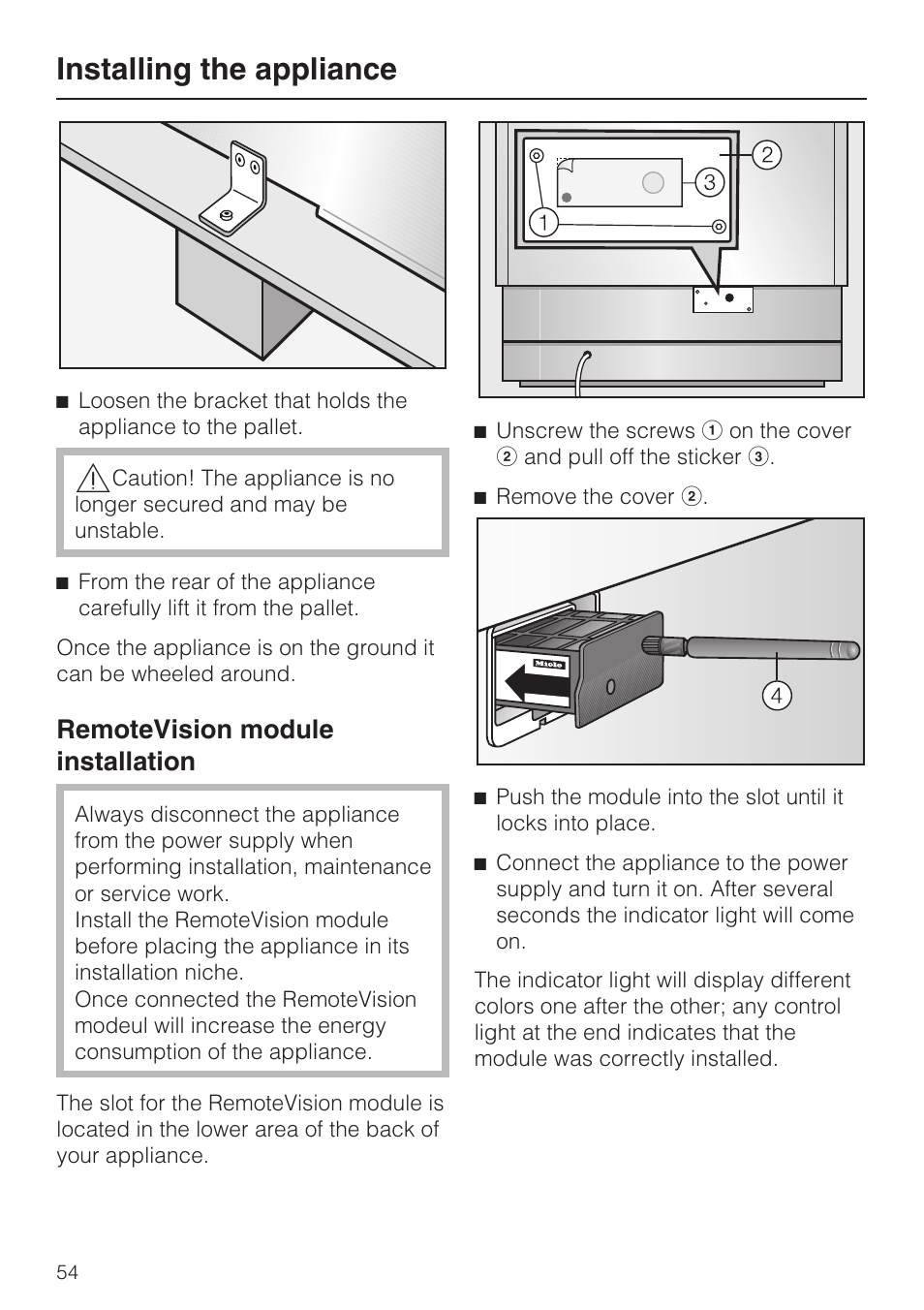Remotevision module installation 54, Installing the appliance, Remotevision module installation | Miele F1911VI User Manual | Page 54 / 76
