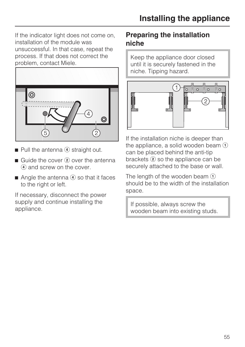 Preparing the installation niche 55, Installing the appliance, Preparing the installation niche | Miele F1911VI User Manual | Page 55 / 76