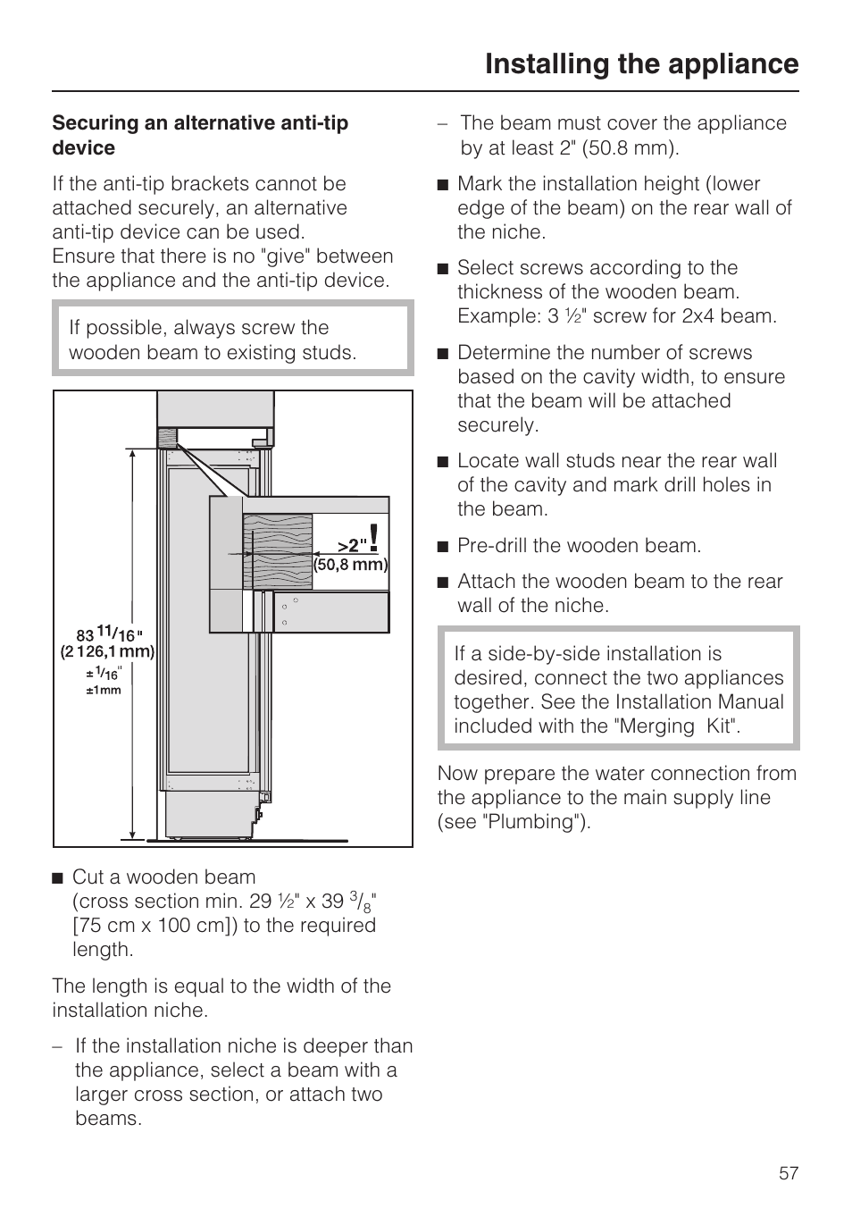 Installing the appliance | Miele F1911VI User Manual | Page 57 / 76