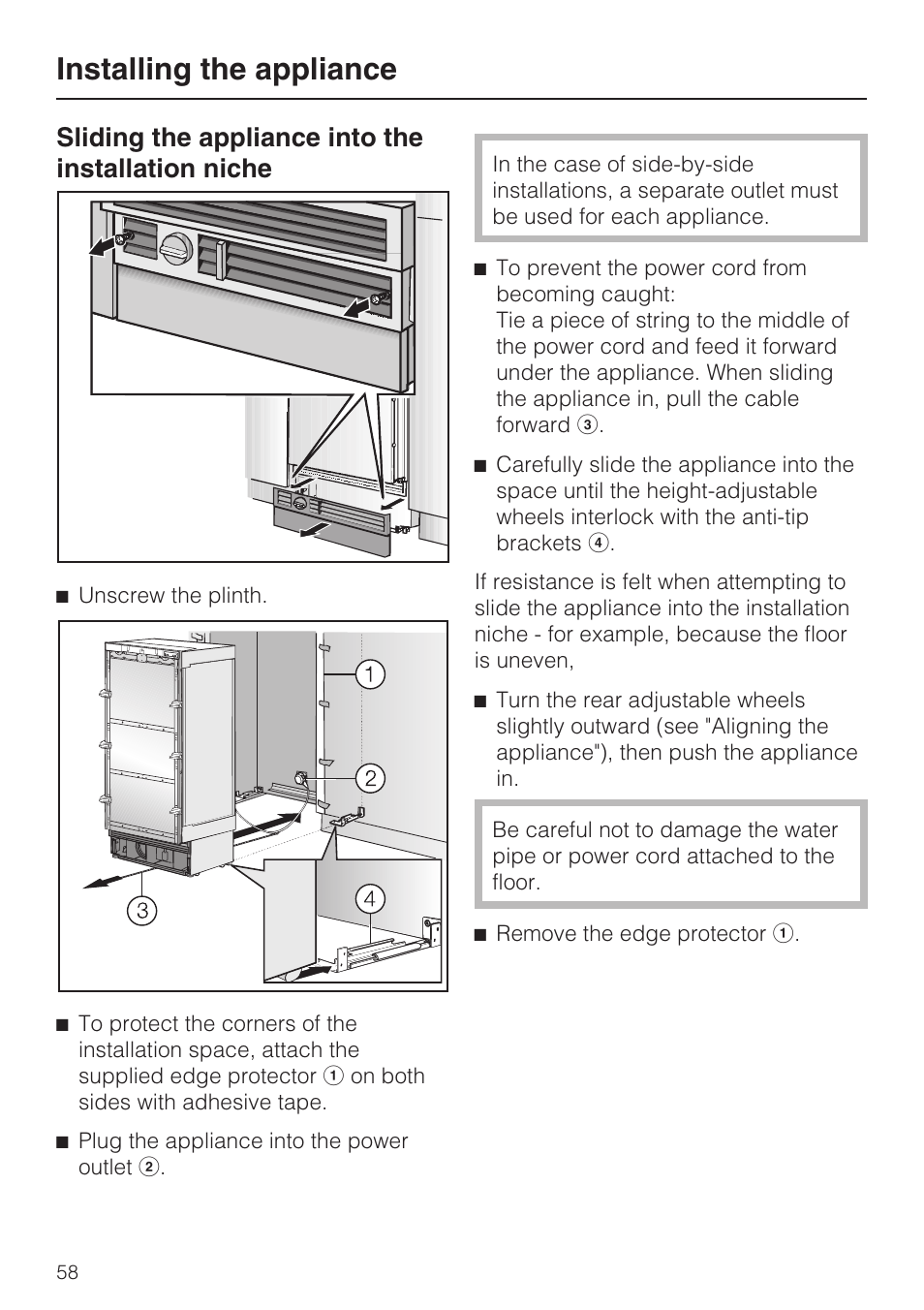 Installing the appliance, Sliding the appliance into the installation niche | Miele F1911VI User Manual | Page 58 / 76