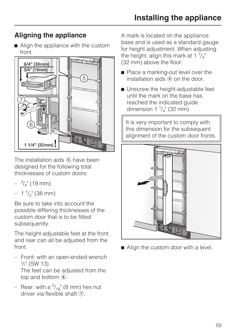 Aligning the appliance 59, Installing the appliance, Aligning the appliance | Miele F1911VI User Manual | Page 59 / 76