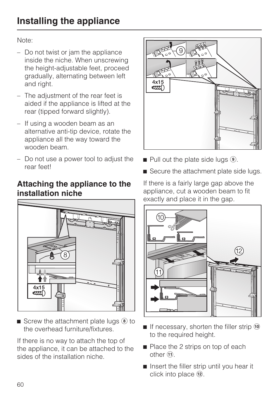 Installing the appliance, Attaching the appliance to the installation niche | Miele F1911VI User Manual | Page 60 / 76