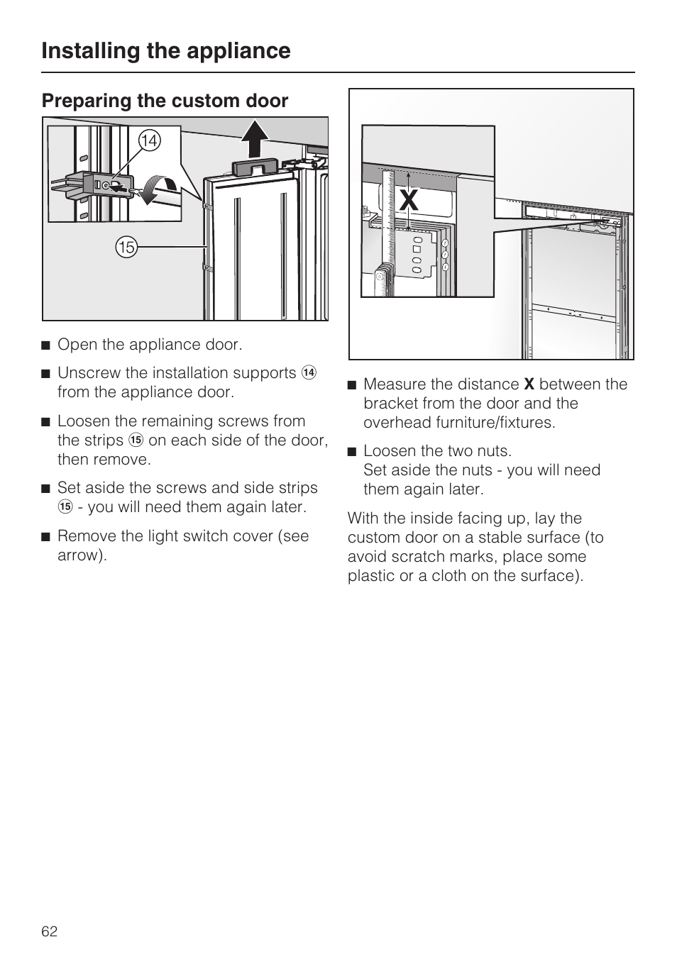 Preparing the custom door 62, Installing the appliance, Preparing the custom door | Miele F1911VI User Manual | Page 62 / 76