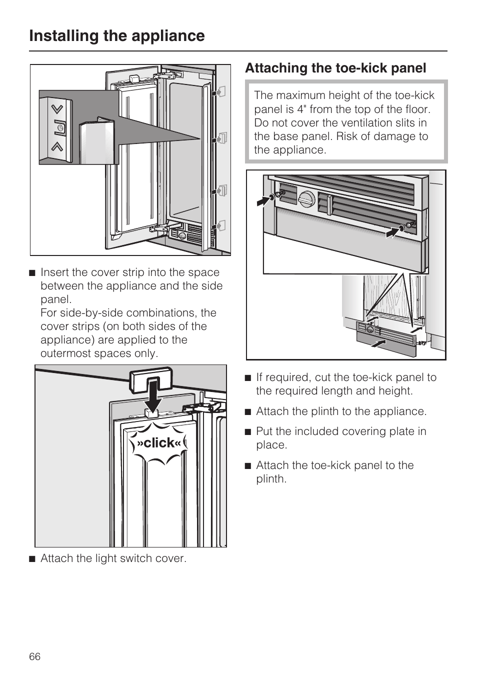 Installing the appliance, Attaching the toe-kick panel | Miele F1911VI User Manual | Page 66 / 76