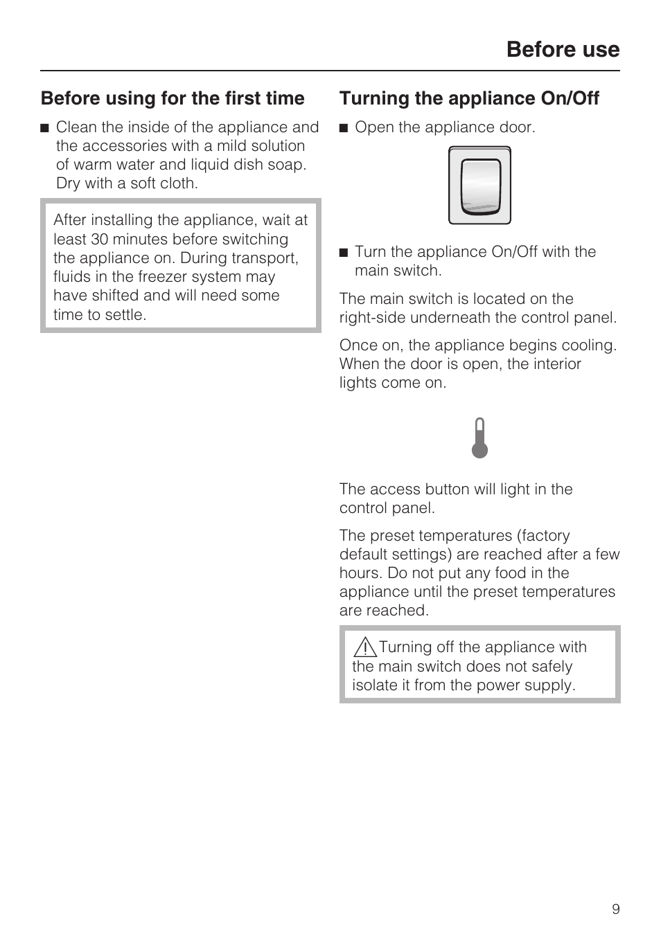 Before use 9, Turning the appliance on/off 9, Before use | Before using for the first time, Turning the appliance on/off | Miele F1911VI User Manual | Page 9 / 76