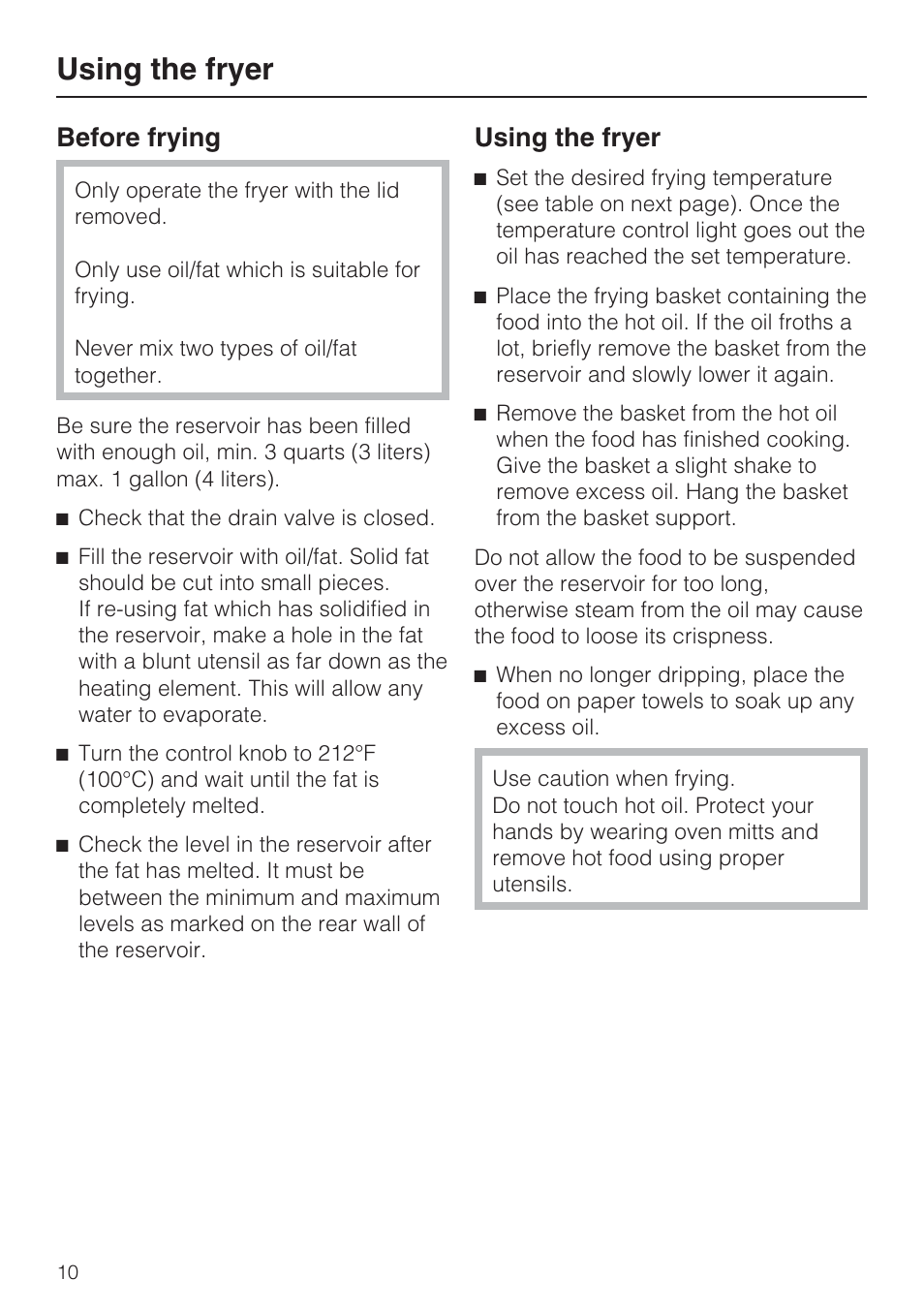 Using the fryer 10, Before frying 10, Before frying | Using the fryer | Miele CS1411 User Manual | Page 10 / 36