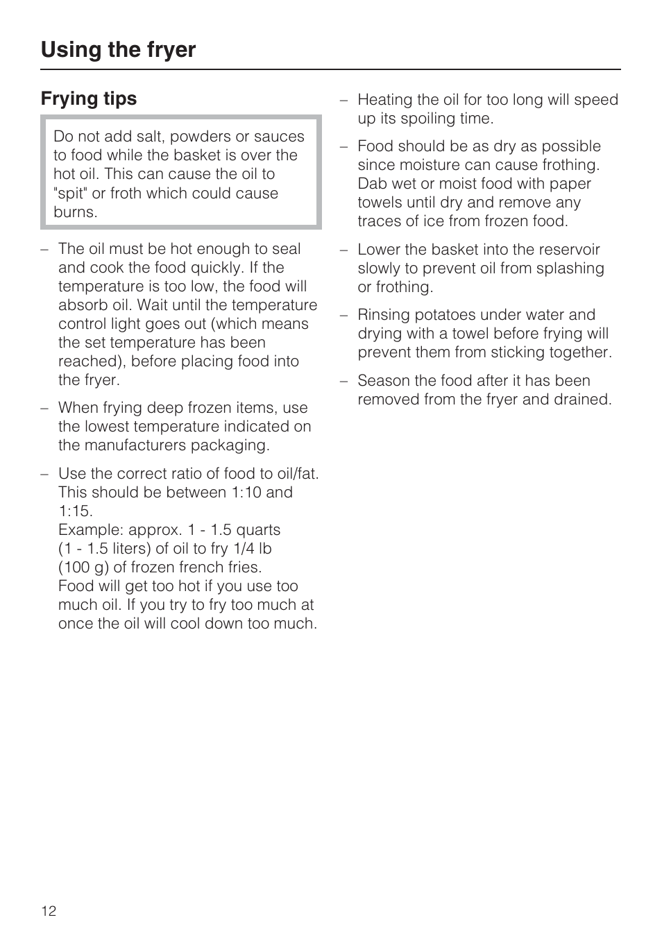 Frying tips 12, Using the fryer, Frying tips | Miele CS1411 User Manual | Page 12 / 36