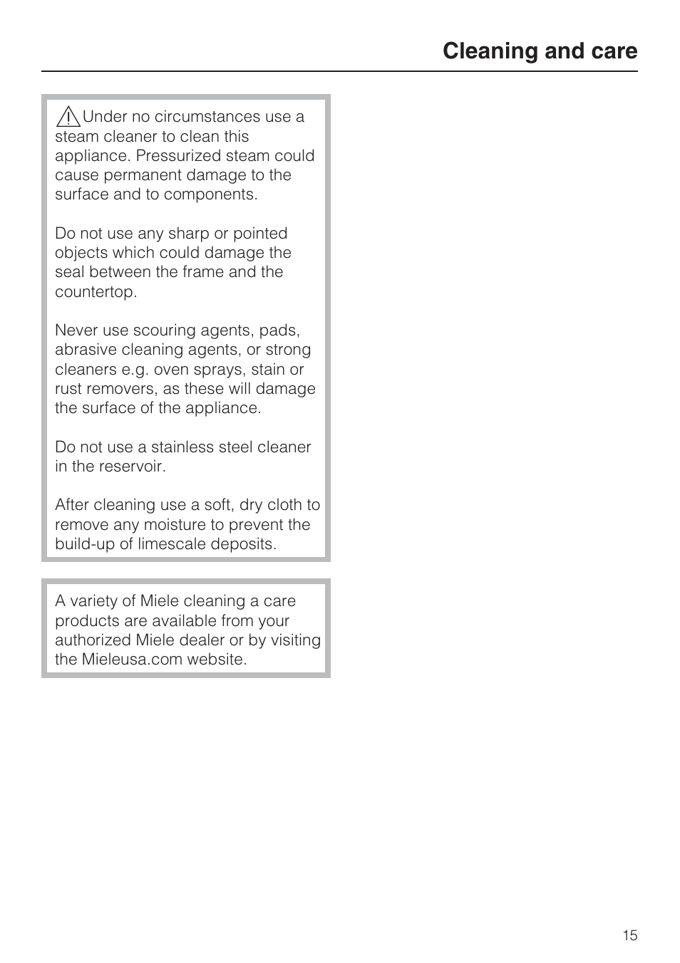 Cleaning and care 15, Cleaning and care | Miele CS1411 User Manual | Page 15 / 36