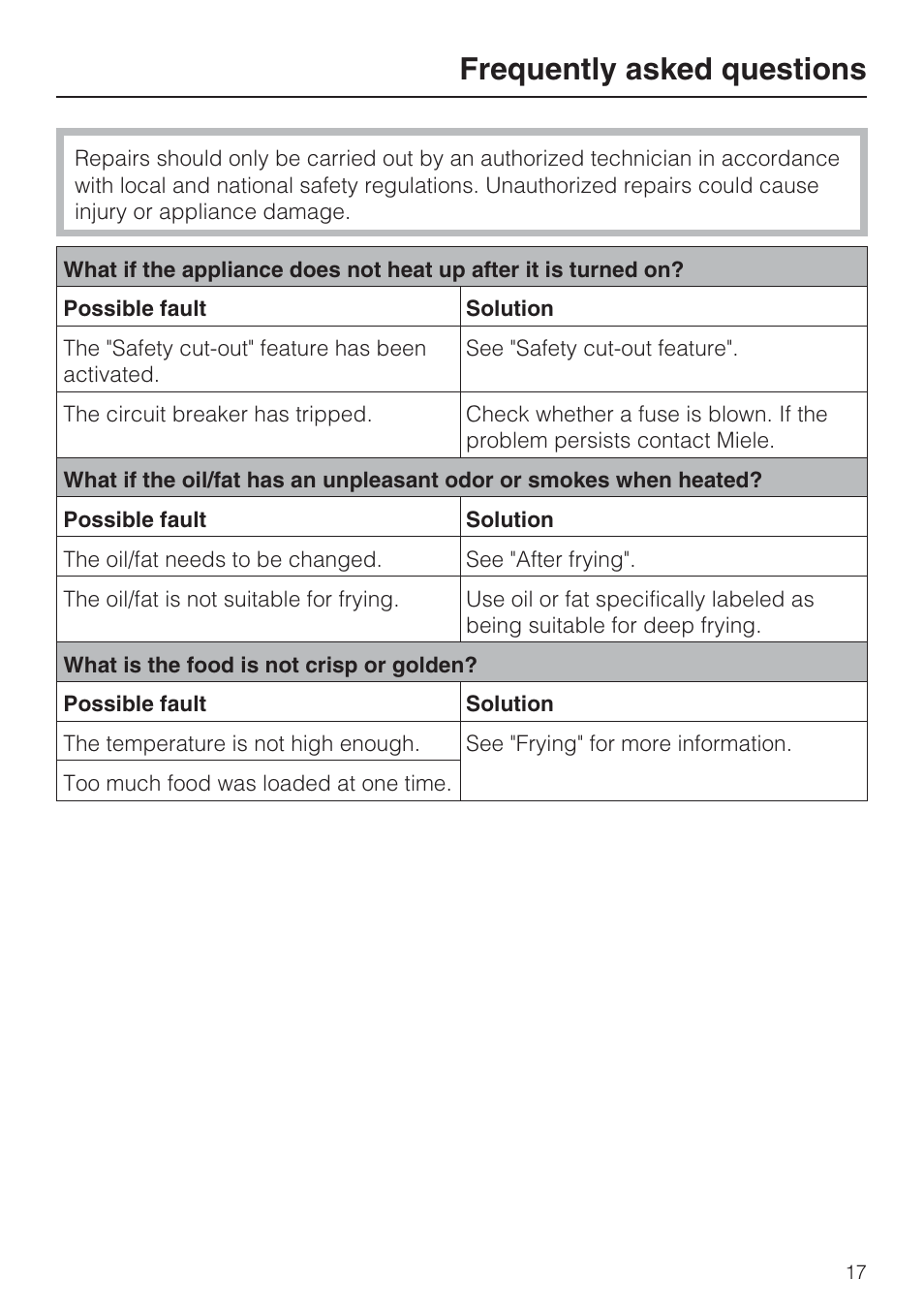 Frequently asked questions 17, Frequently asked questions | Miele CS1411 User Manual | Page 17 / 36