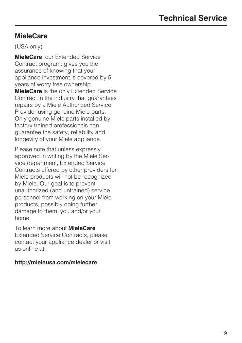 Technical service, Mielecare | Miele CS1411 User Manual | Page 19 / 36