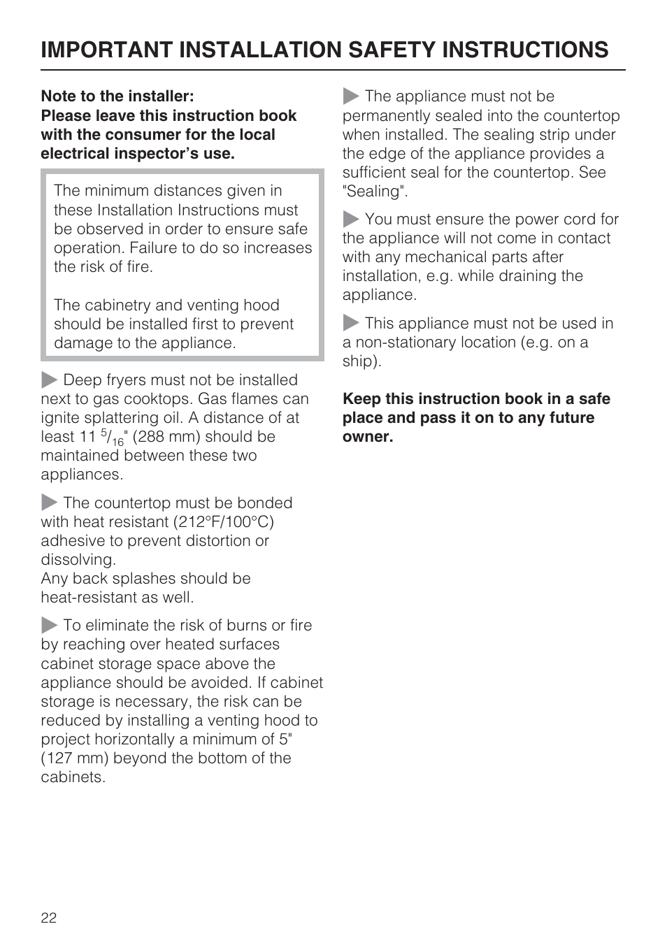 Important installation safety instructions 22, Important installation safety instructions | Miele CS1411 User Manual | Page 22 / 36