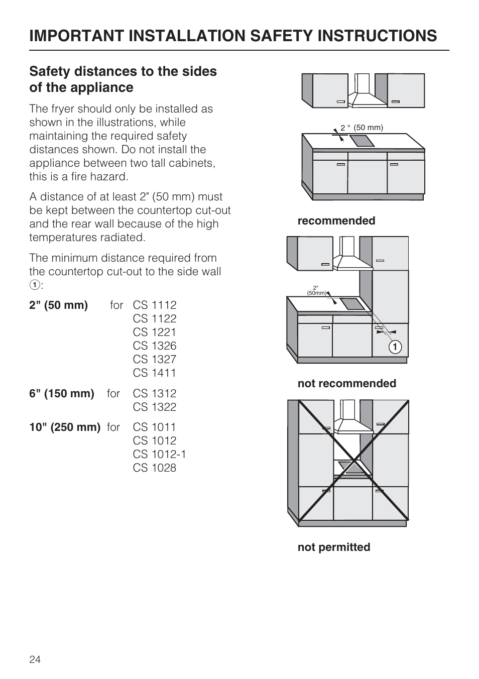Important installation safety instructions, Safety distances to the sides of the appliance | Miele CS1411 User Manual | Page 24 / 36