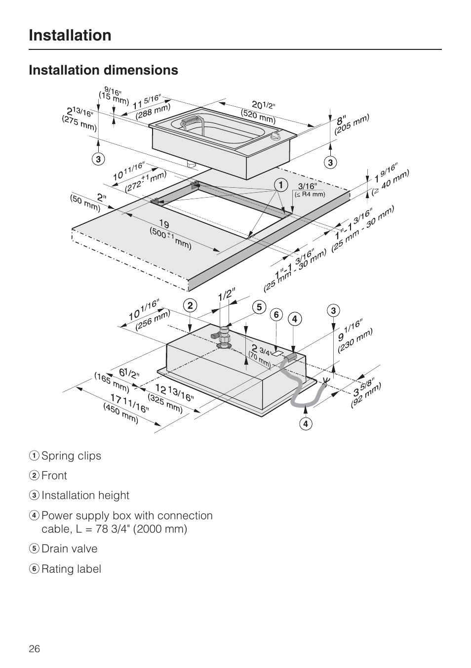 Installation dimensions 26, Installation, Installation dimensions | Miele CS1411 User Manual | Page 26 / 36